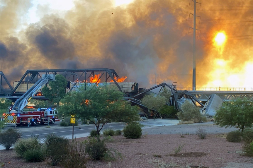 Bridge partially collapses near Phoenix in wake of massive fire and train derailment